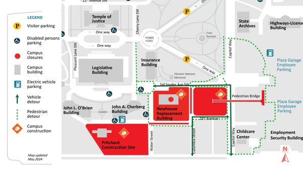 A map highlighting construction sites on the Capitol Campus, vehicle detour routes, and pedestrian detour routes.