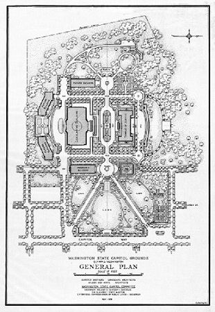 A drawing of the original design for the Washington state Capitol grounds, featuring lawns, trees, roads, walking paths, gardens, and buildings.