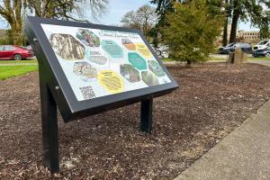 An outdoor scene with large, colorful sign explaining the Eastern Washington Cultural Landscape Feature in the foreground. The sign stands in a bed of mulch, and a stone path, a rock formation, trees, and cars are in the background.