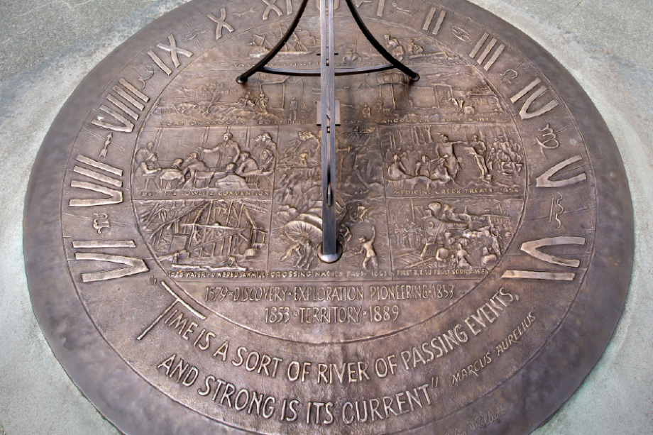 The Territorial Sundial made of brass, Wilkenson sandstone, bronze rods.