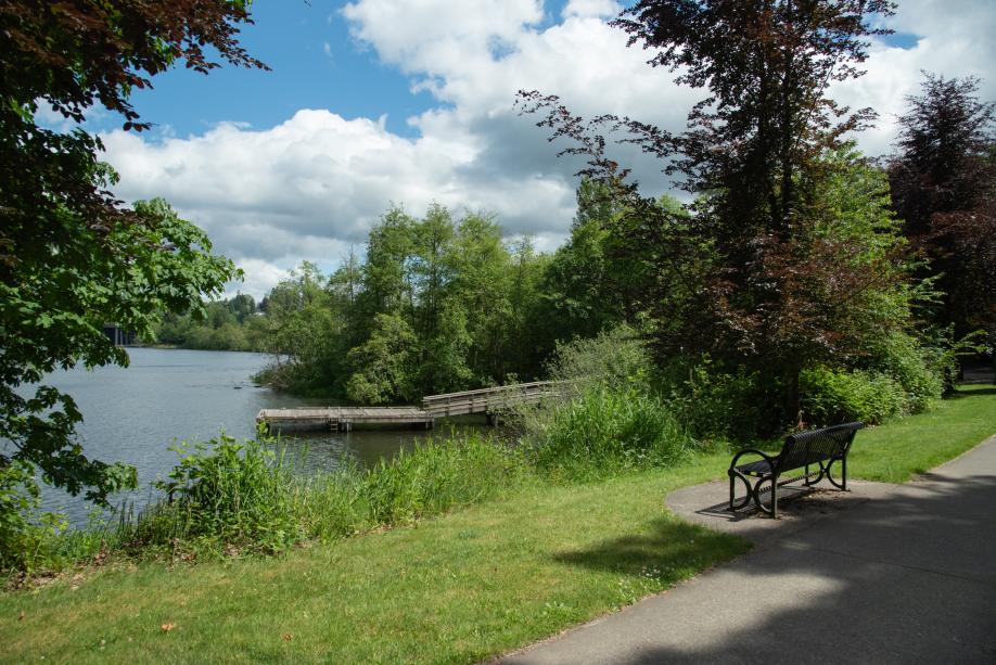 A nature scene with a metal park bench set off a sidewalk that overlooks Capitol Lake and a wooden dock in the distance.