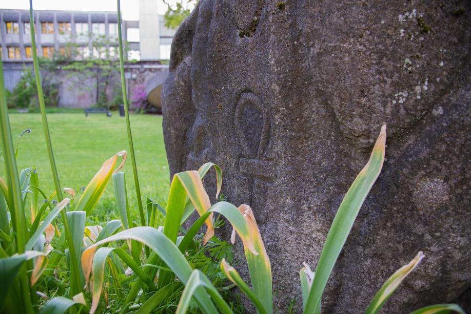 A close-up of a section of the Mysteries of Life statue that features an ankh symbol carved into the limestone.