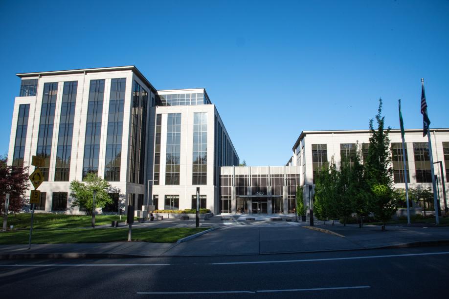 A wide shot highlighting the landscaping around the 1500 Jefferson building, consisting of trees, grass, flagpoles, and light poles.