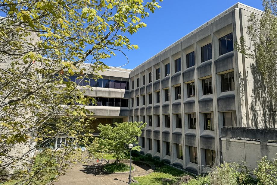 A view of the lower entrance of Office Building 2, which is located on the south side of the building. A concrete pathway lined with grass and different sized green trees leads to the entrance of the tall concrete building.