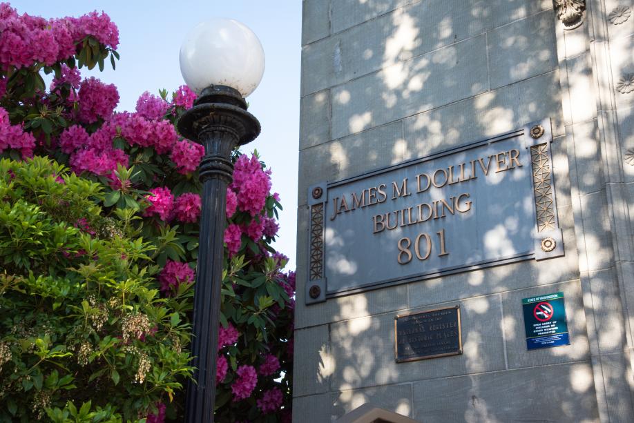 A blue metal sign with gold lettering that reads "James M. Dolliver Building 801," which is bolted on a sandstone wall. A circular lamp post and a tree with pink flowers are to the left of the sign.