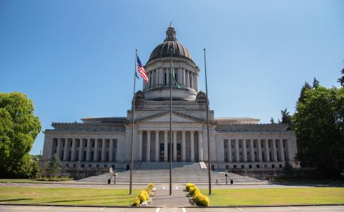 A wide shot of the Legislative Building on a sunny day, with flag poles in front of it and large green trees surrounding it.