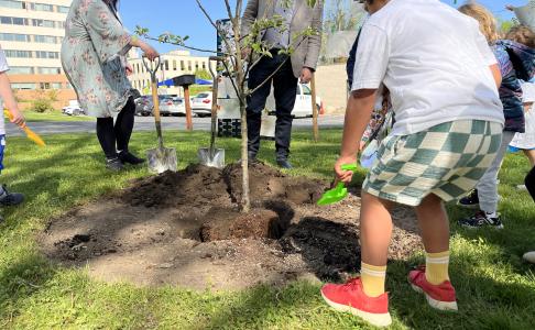 Several young children, one holding a green plastic shovel, help two adults with real shovels fill dirt around the base of a newly planted tree.
