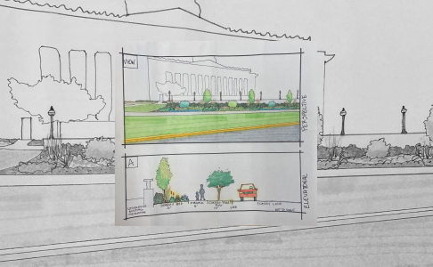 Two conceptual drawings of a garden plan. The top drawing shows what the garden will look like from a street view, and the bottom drawing shows the size of the garden.