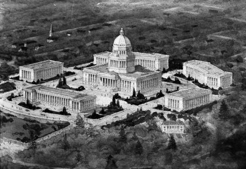 A black and white illustration of the Capitol Group from an aerial view. The drawing features the Temple of Justice and four office buildings circling the central Legislative Building.