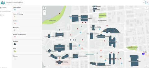 A screenshot of the interactive Capitol Campus ArcGIS map showing the legend and an overhead view of the map of Capitol Campus