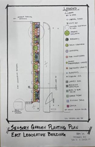 A conceptual drawing showing an overhead view of a new garden on the east side of the Legislative Building. The drawing highlights the different types of plants to be planted.