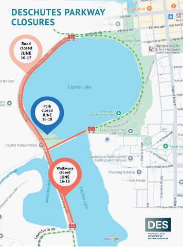 A map showing the closed roadway, park, and roadside path.