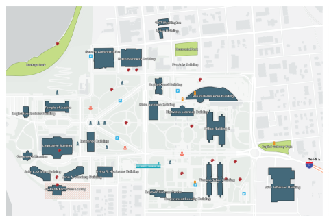 A screenshot of the interactive Capitol Campus ArcGIS map showing the legend and an overhead view of the map of Capitol Campus.