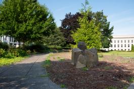 Basalt rock columns, a key feature of the Eastern Washington Cultural Landscape Garden, sit in a bed of mulch beside a stone pathway. Various trees and the Insurance building are in the background.