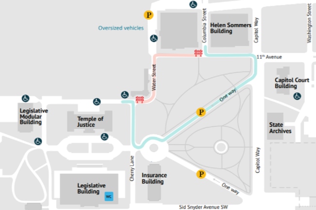 An illustrated map indicating Water Street is closed between the Columbia Street and Cherry Lane. A detour is marked along Columbia Street (near the Helen Sommers Building), Capitol Way, the North Diagonal, and Cherry Lane (near the Temple of Justice).