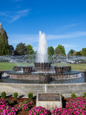 The Tivoli Fountain shooting water into the sky, and out to the sides from the center in many different streams, with blooming flowers and a beautiful blue sky background.