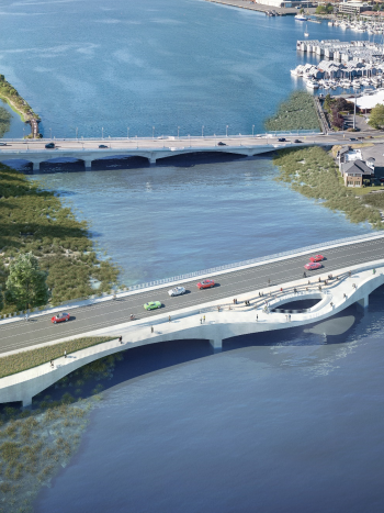 A 5th Avenue Bridge conceptual rendering from an aerial view, showing Capitol Lake flowing into the Budd Inlet.