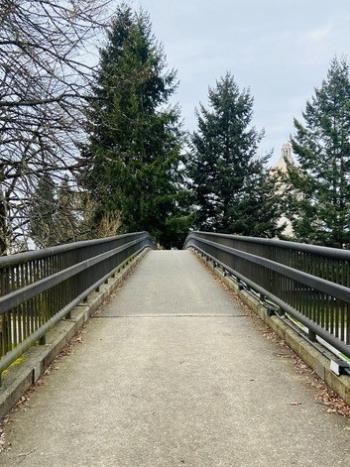 A view across the pedestrian bridge that spans Capitol Way connecting the East and West Capitol Campus in Olympia Washington.