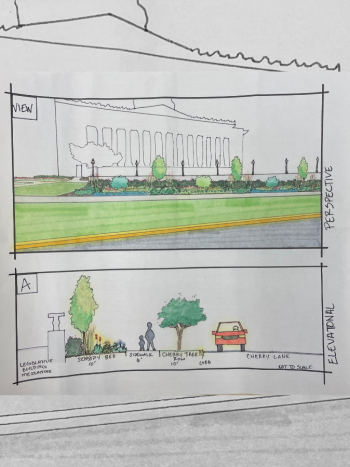 Two conceptual drawings of a garden plan. The top drawing shows what the garden will look like from a street view, and the bottom drawing shows the size of the garden.