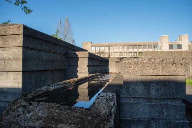 A close-up image of a wall filled with water inside the Water Garden.
