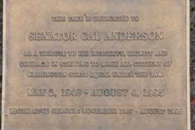 A bronze memorial plaque for Senator Cal Anderson