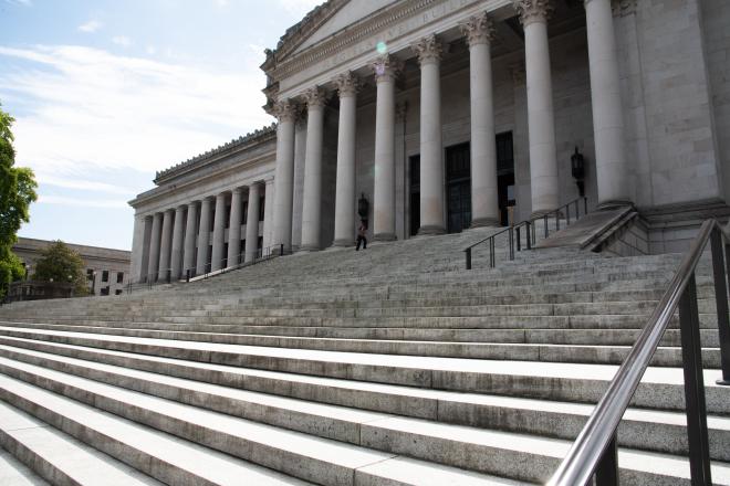 The North Steps, which are granite stairs at that lead up to the north entrance of the Legislative Building. The scale of the steps and the Legislative Building make a visitor look tiny.